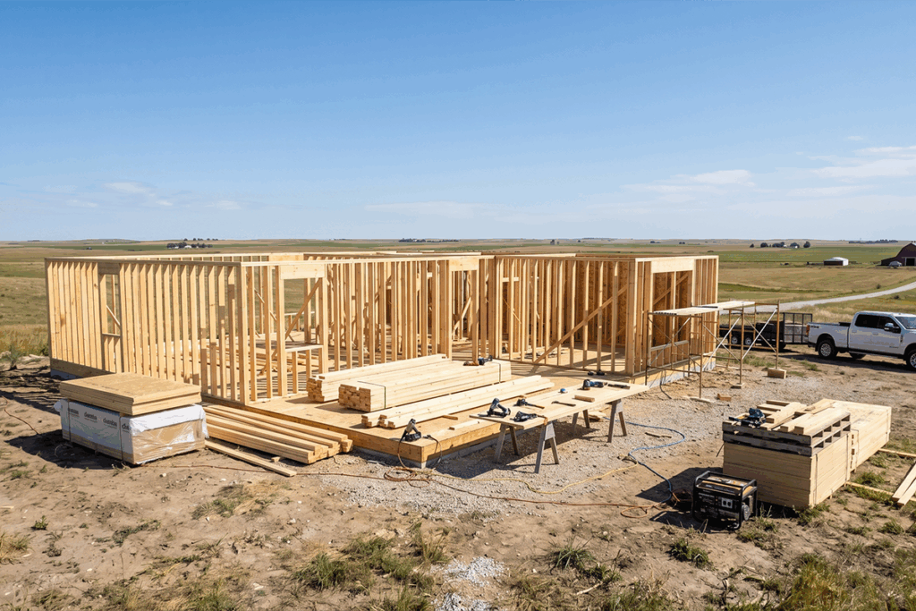 Wood-framed house under construction in a rural field, with lumber and tools scattered around
