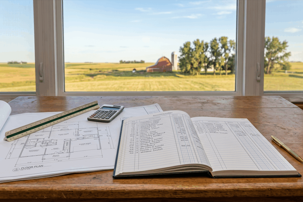 Wooden desk with floor plan blueprint, open ledger, ruler, calculator, and pen, by a large window overlooking a farm and barn.